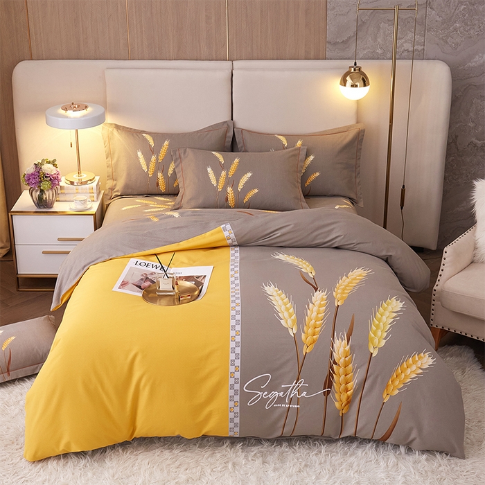 91家纺网 家纺一手货源 找家纺 格里芬家纺2025新款全棉大版磨毛生态磨毛四件套 辉煌麦穗-黄