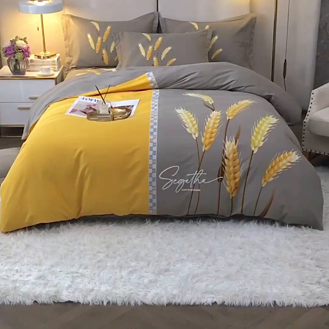 91家纺网 家纺一手货源 找家纺 格里芬家纺2025新款全棉大版磨毛生态磨毛四件套 辉煌麦穗-黄