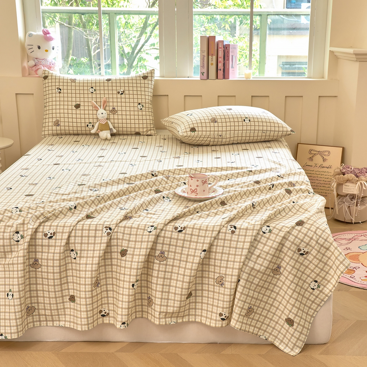 91家纺网 家纺一手货源 找家纺 木瑾2025新款秋冬小清新100%全棉床单床笠单品 格子小狗