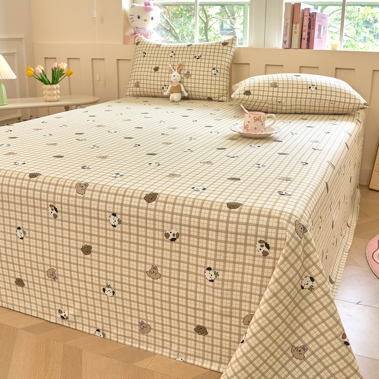 91家纺网 家纺一手货源 找家纺 木瑾2025新款秋冬小清新100%全棉床单床笠单品 格子小狗