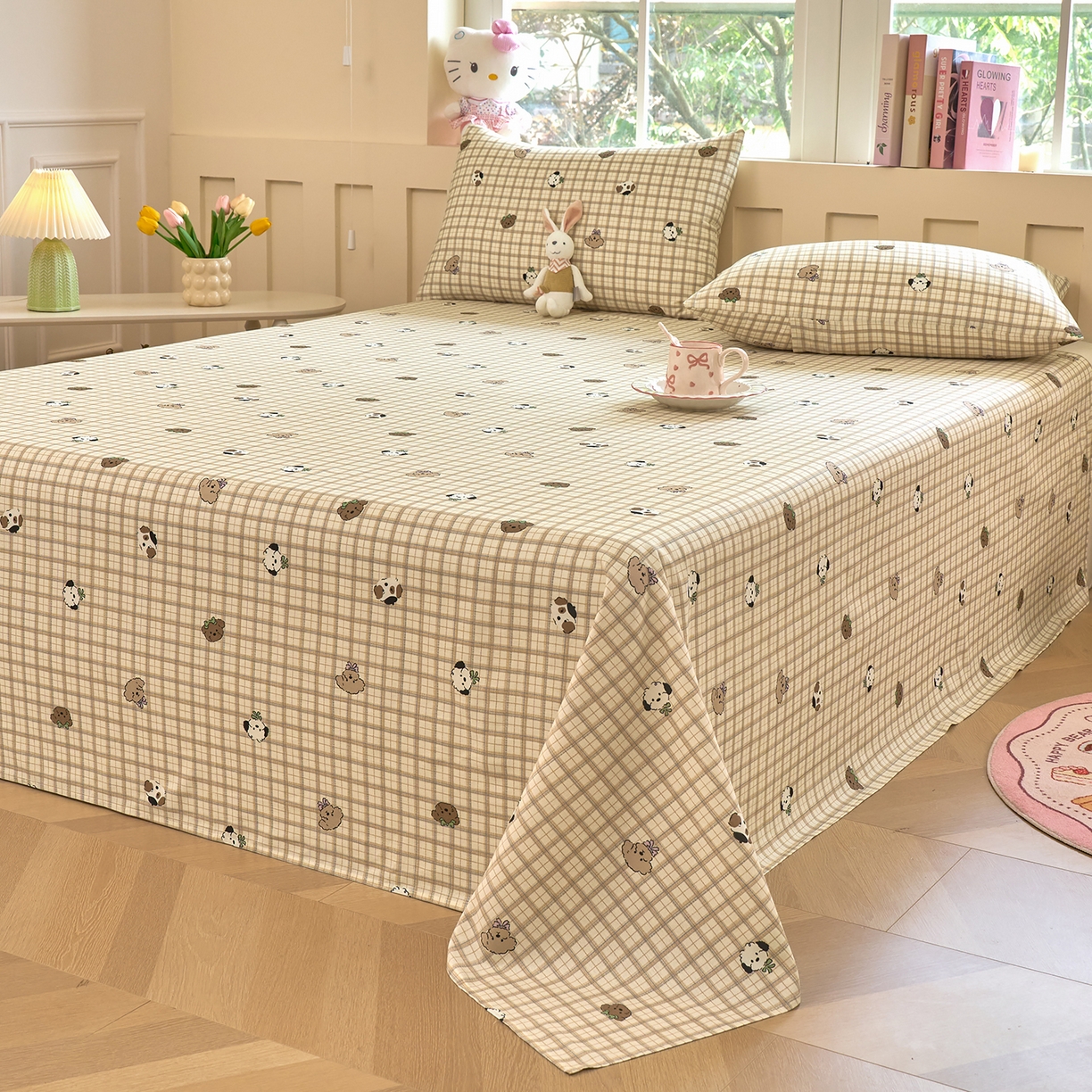 91家纺网 家纺一手货源 找家纺 木瑾2025新款秋冬小清新100%全棉床单床笠单品 格子小狗