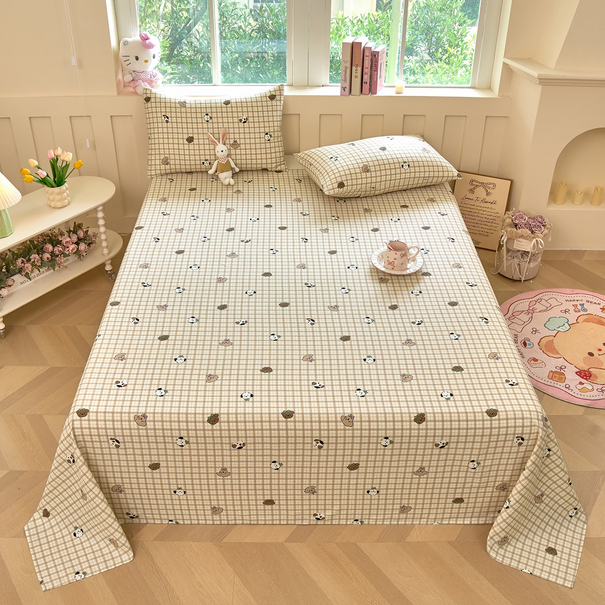 木瑾2025新款秋冬小清新100%全棉床单床笠单品 格子小狗