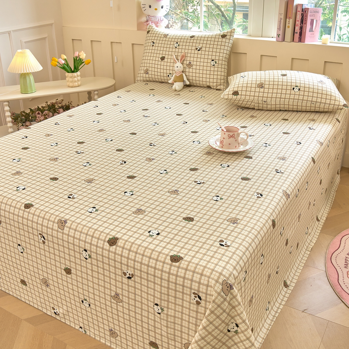 91家纺网 家纺一手货源 找家纺 木瑾2025新款秋冬小清新100%全棉床单床笠单品 格子小狗