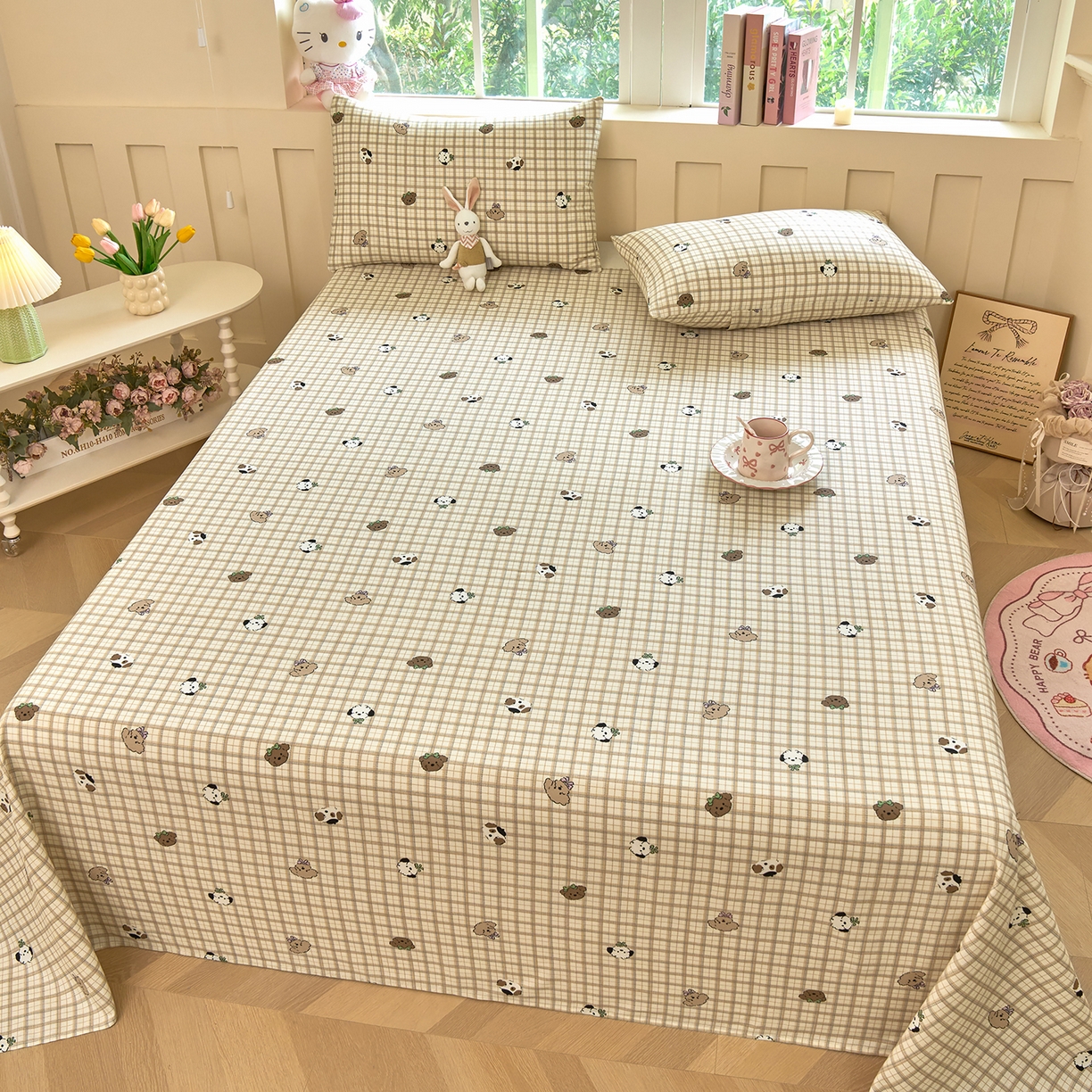 91家纺网 家纺一手货源 找家纺 木瑾2025新款秋冬小清新100%全棉床单床笠单品 格子小狗