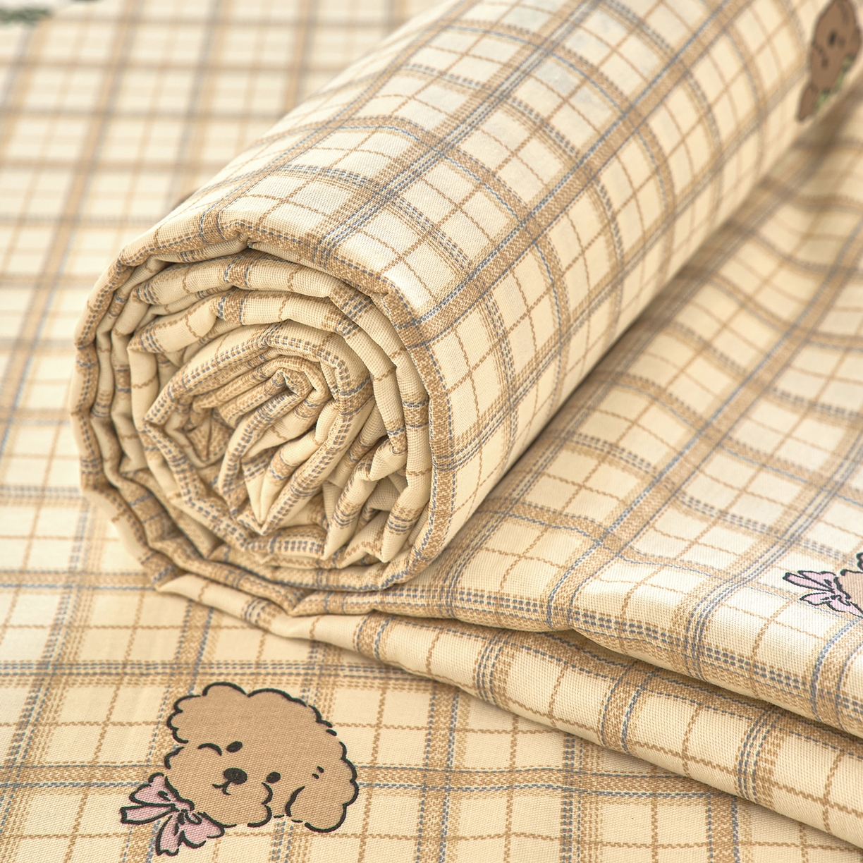 91家纺网 家纺一手货源 找家纺 木瑾2025新款秋冬小清新100%全棉床单床笠单品 格子小狗