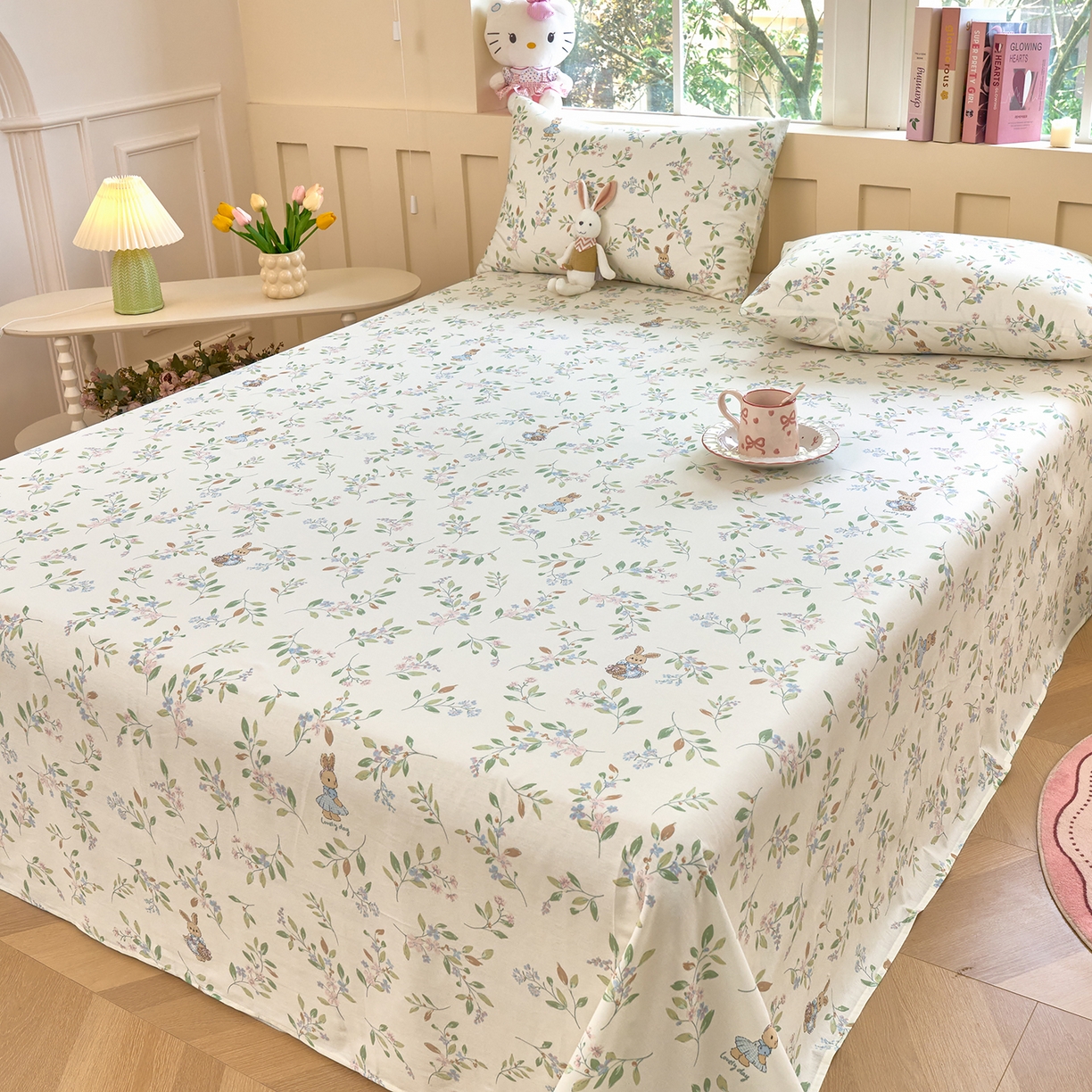 91家纺网 家纺一手货源 找家纺 木瑾2025新款秋冬小清新100%全棉床单床笠单品 精灵小兔