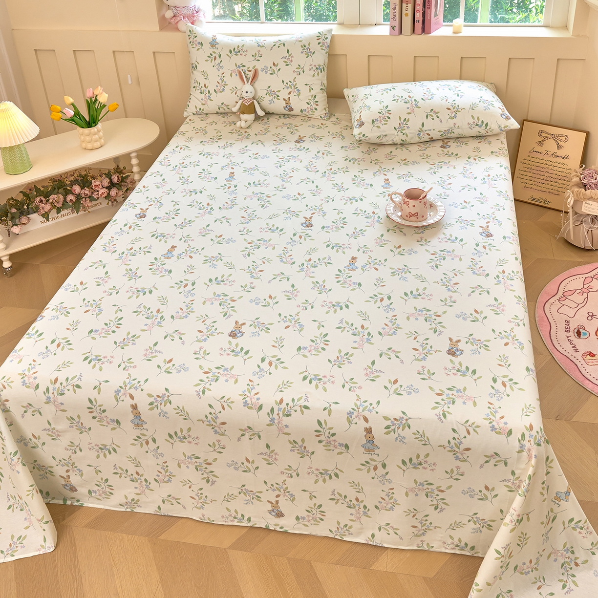 91家纺网 家纺一手货源 找家纺 木瑾2025新款秋冬小清新100%全棉床单床笠单品 精灵小兔