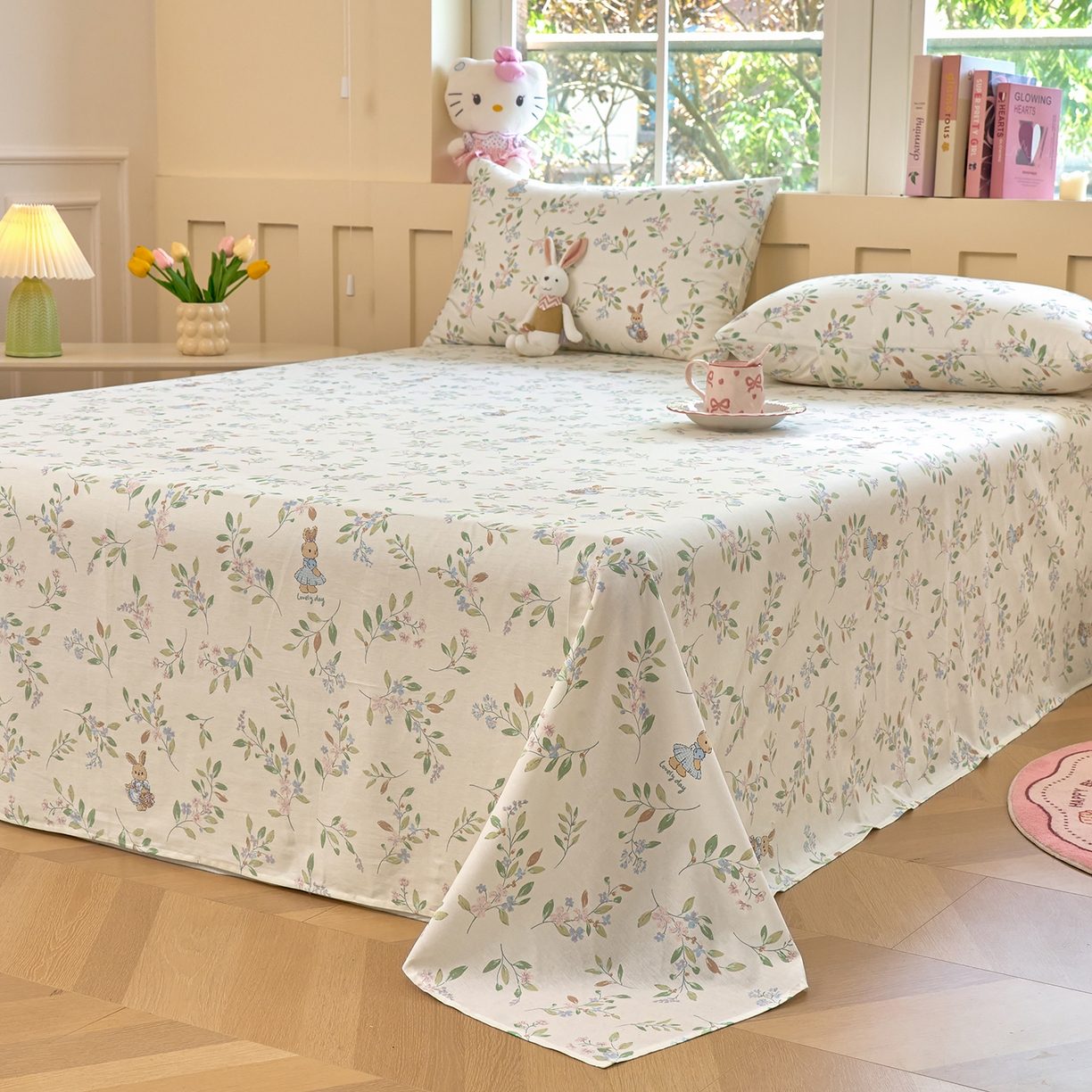 91家纺网 家纺一手货源 找家纺 木瑾2025新款秋冬小清新100%全棉床单床笠单品 精灵小兔