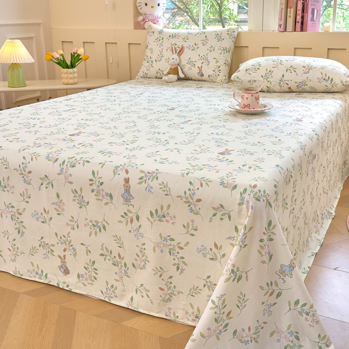 91家纺网 家纺一手货源 找家纺 木瑾2025新款秋冬小清新100%全棉床单床笠单品 精灵小兔