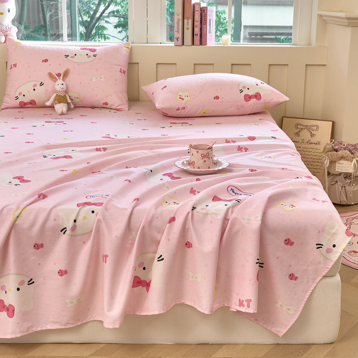 91家纺网 家纺一手货源 找家纺 木瑾2025新款秋冬小清新100%全棉床单床笠单品 甜心猫咪