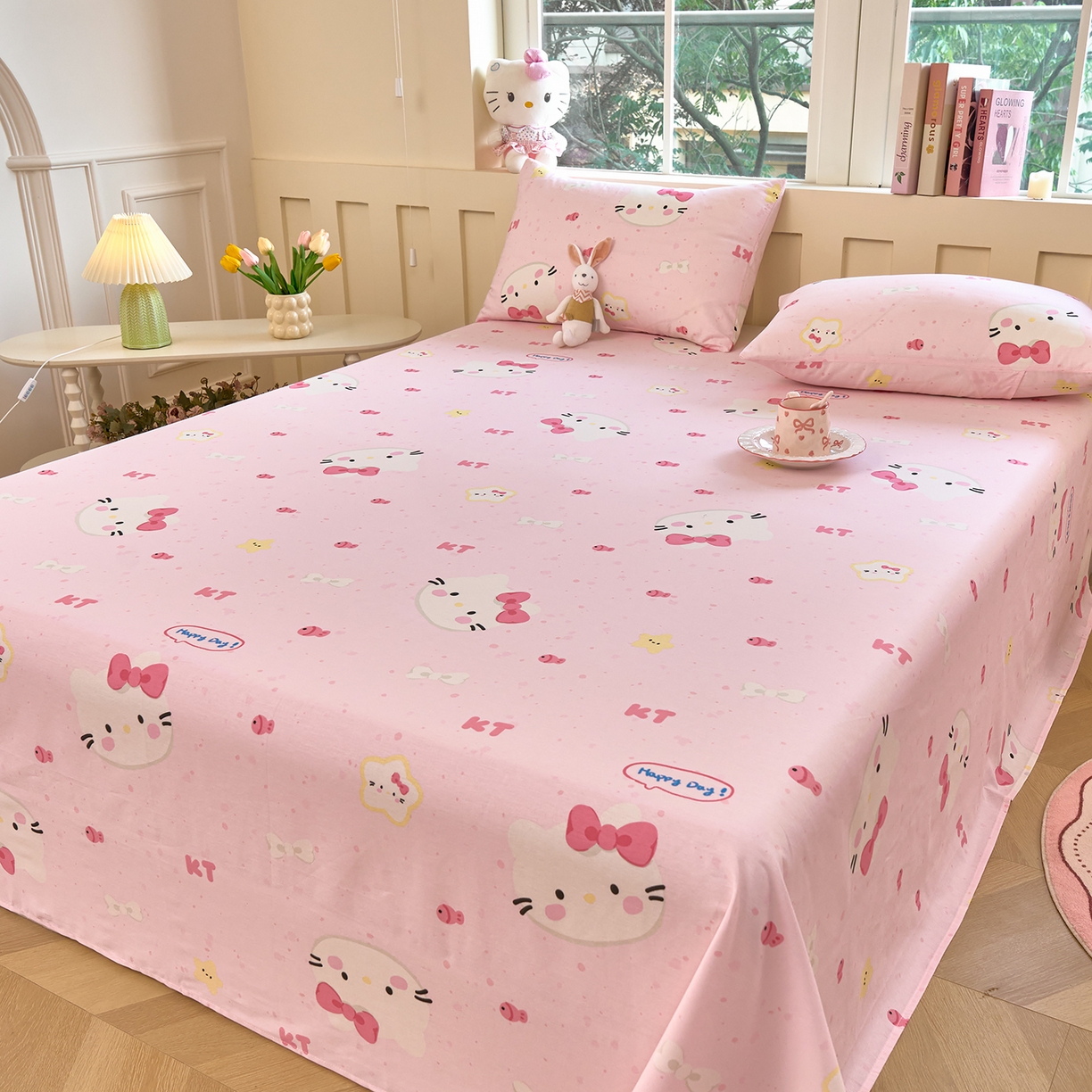 91家纺网 家纺一手货源 找家纺 木瑾2025新款秋冬小清新100%全棉床单床笠单品 甜心猫咪