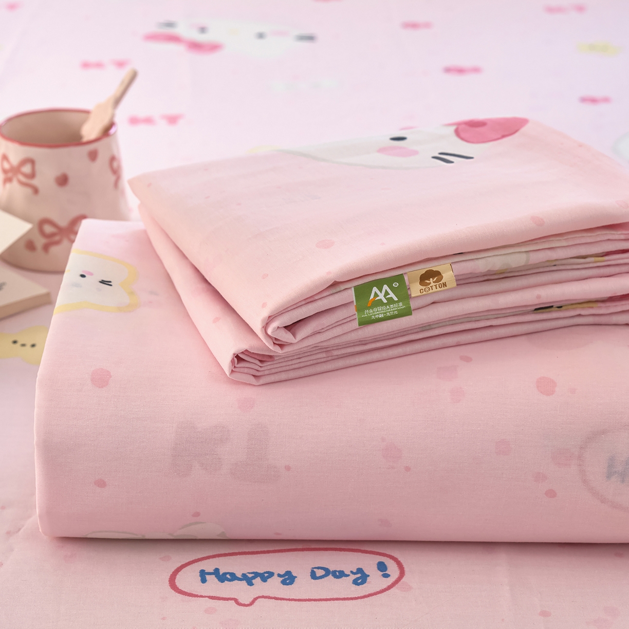 91家纺网 家纺一手货源 找家纺 木瑾2025新款秋冬小清新100%全棉床单床笠单品 甜心猫咪