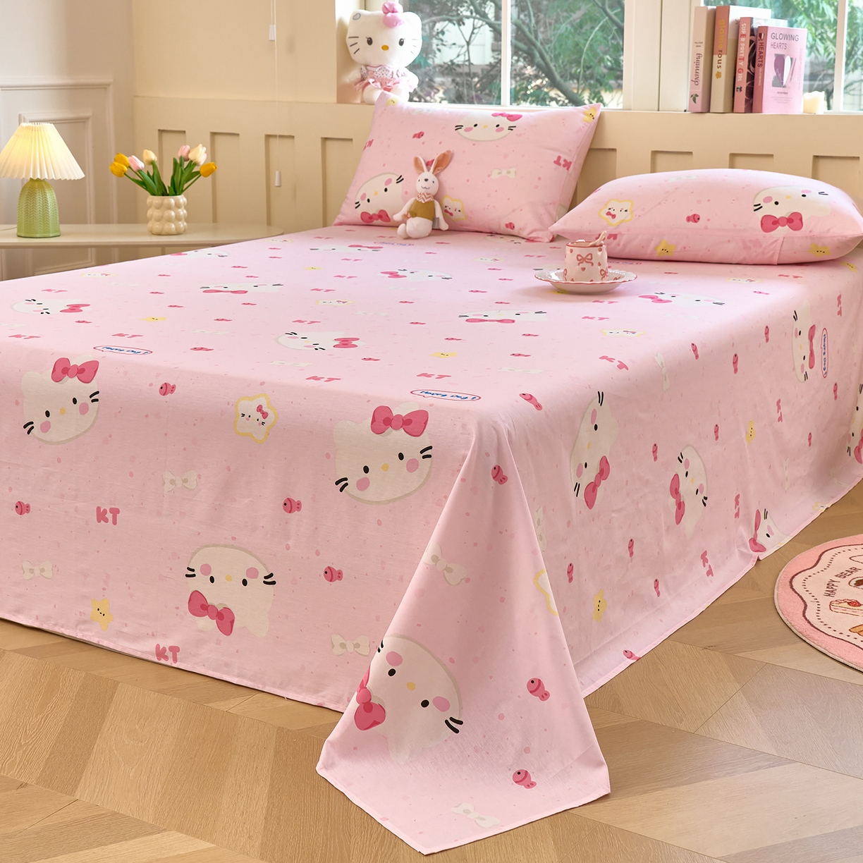 91家纺网 家纺一手货源 找家纺 木瑾2025新款秋冬小清新100%全棉床单床笠单品 甜心猫咪