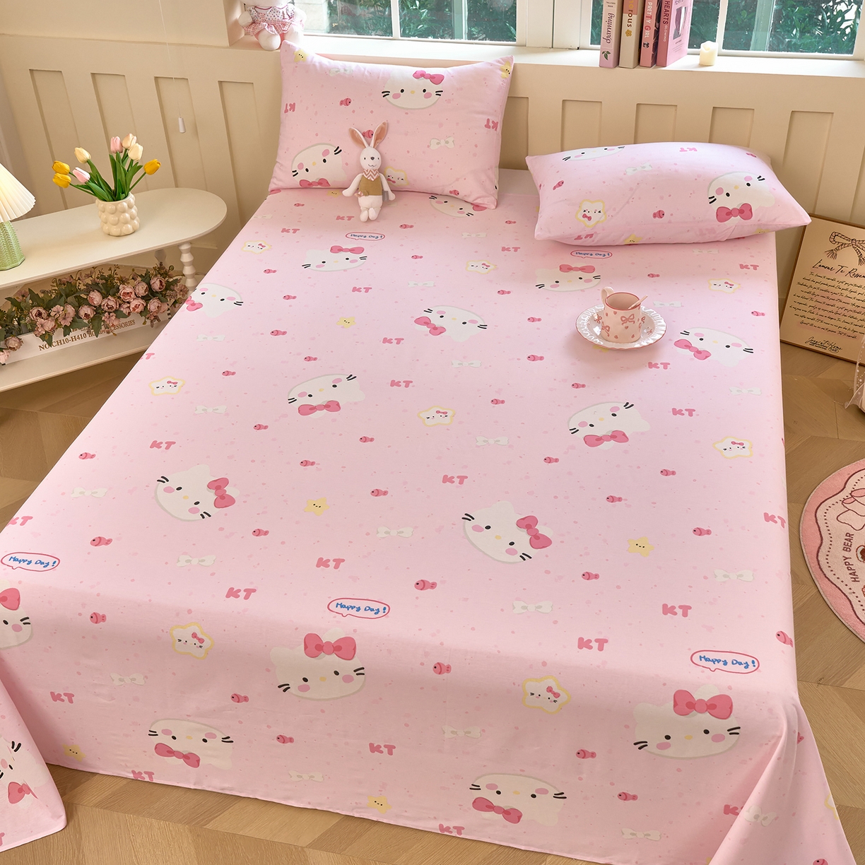 91家纺网 家纺一手货源 找家纺 木瑾2025新款秋冬小清新100%全棉床单床笠单品 甜心猫咪