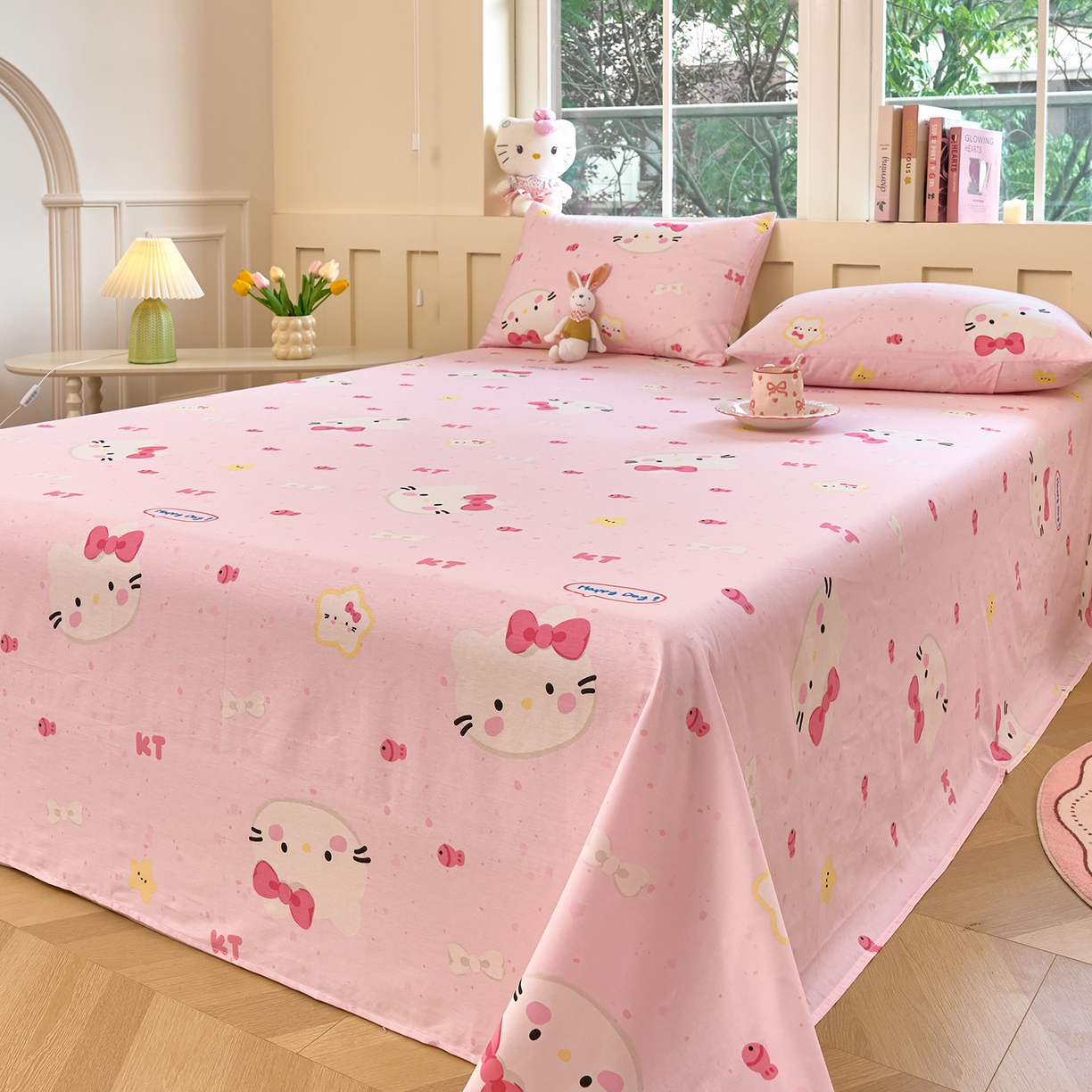 91家纺网 家纺一手货源 找家纺 木瑾2025新款秋冬小清新100%全棉床单床笠单品 甜心猫咪