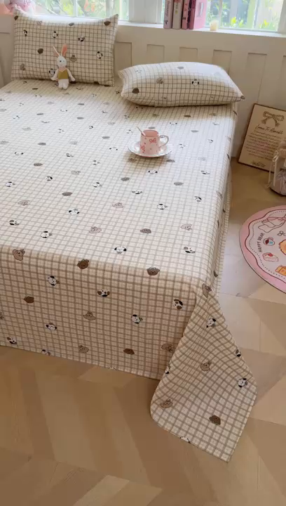 91家纺网 家纺一手货源 找家纺 木瑾2025新款秋冬小清新100%全棉床单床笠单品 格子小狗