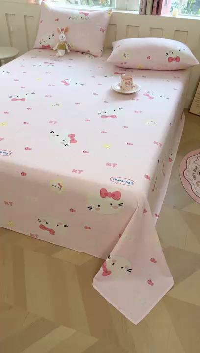 91家纺网 家纺一手货源 找家纺 木瑾2025新款秋冬小清新100%全棉床单床笠单品 甜心猫咪