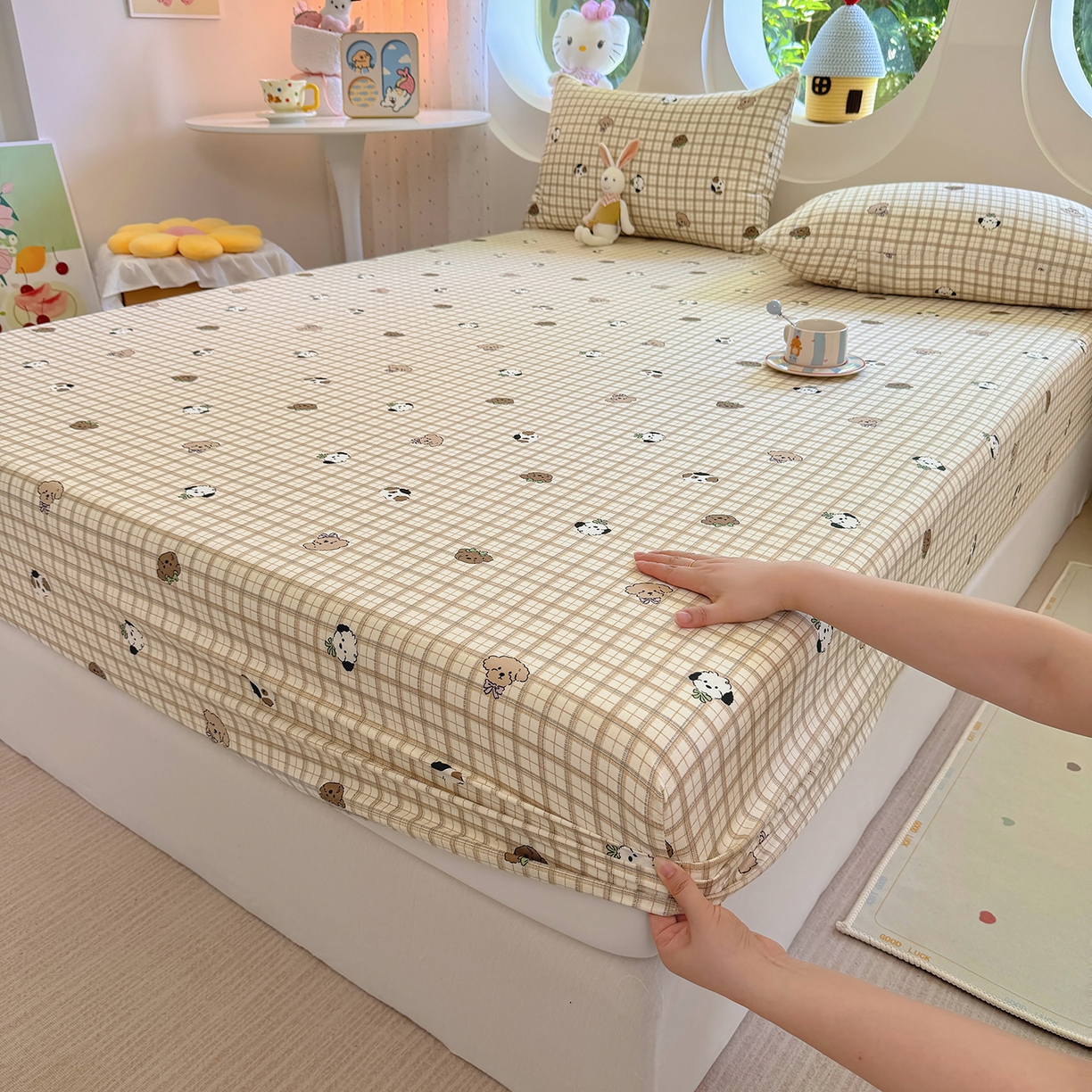 91家纺网 家纺一手货源 找家纺 木堇家居 2025新款小清新100%全棉纯棉单品床笠 床笠单件 格子小狗