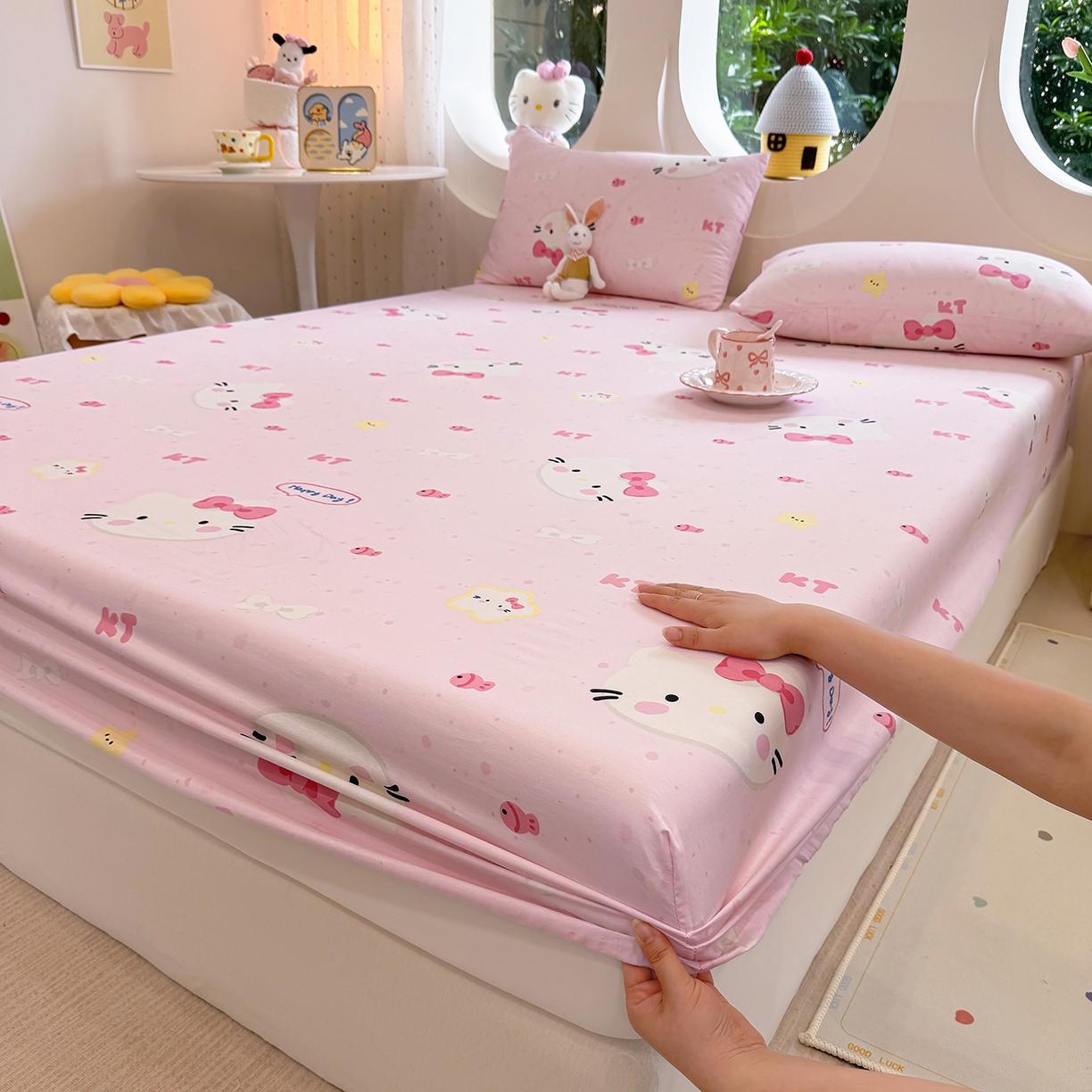 91家纺网 家纺一手货源 找家纺 木堇家居 2025新款小清新100%全棉纯棉单品床笠 床笠单件 甜心猫咪