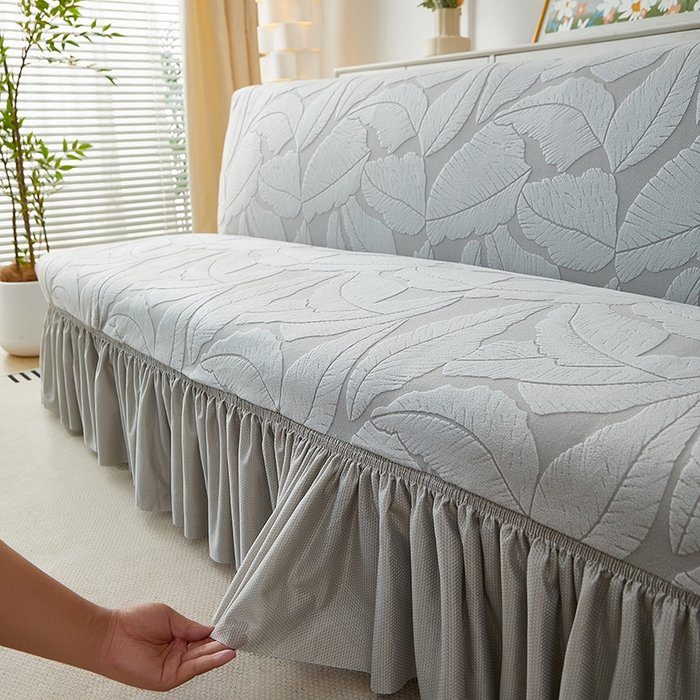 91家纺网 家纺一手货源 找家纺 丝绮鹿2025新款富贵叶裙边沙发床套 富贵叶-浅灰