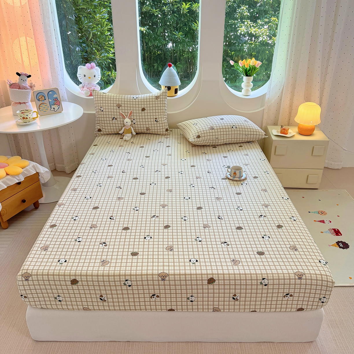 91家纺网 家纺一手货源 找家纺 木堇家居 2025新款小清新100%全棉纯棉单品床笠 床笠单件 格子小狗