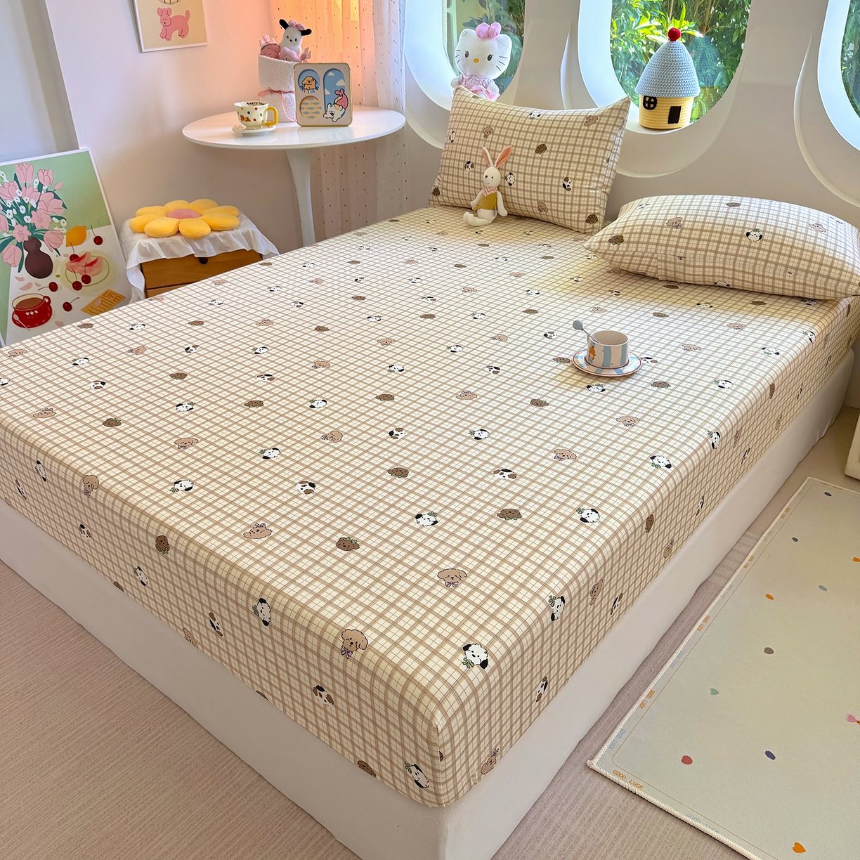 91家纺网 家纺一手货源 找家纺 木堇家居 2025新款小清新100%全棉纯棉单品床笠 床笠单件 格子小狗