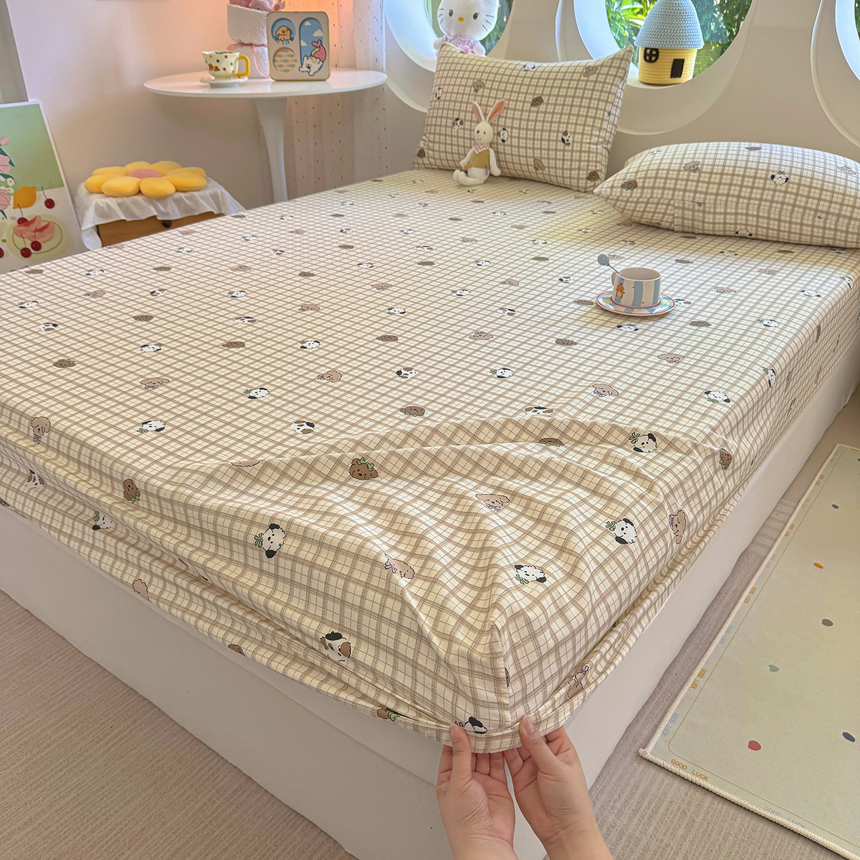 91家纺网 家纺一手货源 找家纺 木堇家居 2025新款小清新100%全棉纯棉单品床笠 床笠单件 格子小狗