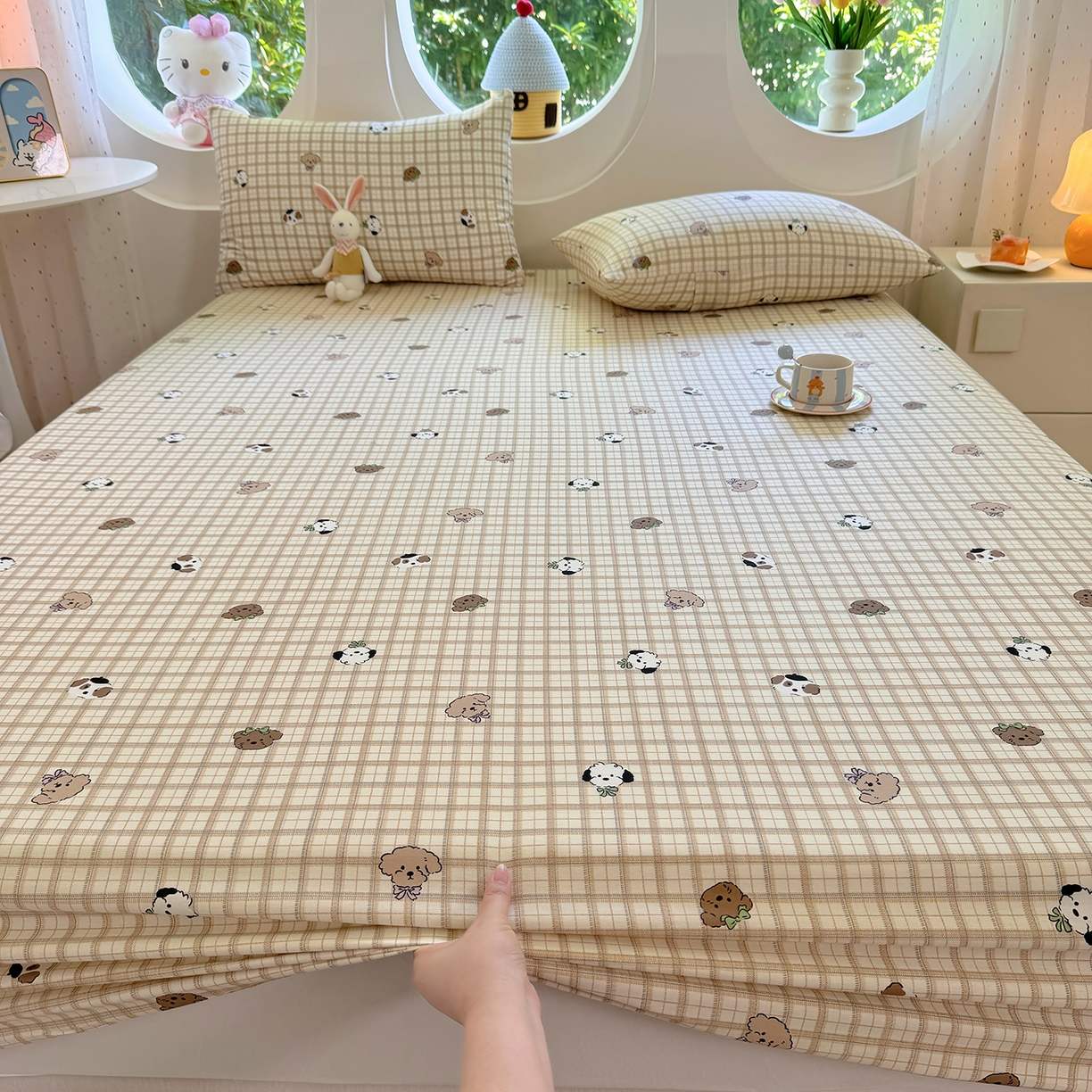 91家纺网 家纺一手货源 找家纺 木堇家居 2025新款小清新100%全棉纯棉单品床笠 床笠单件 格子小狗