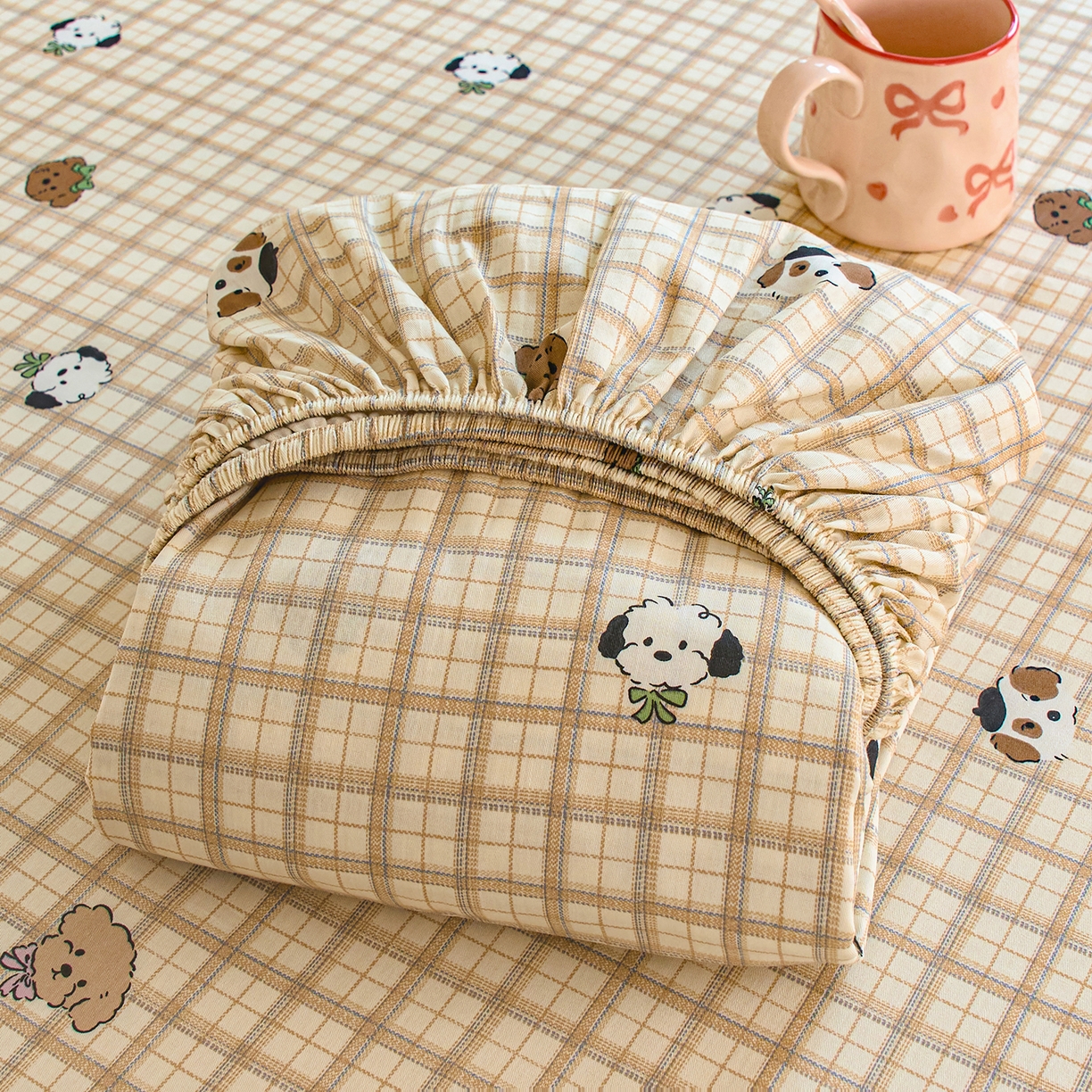 91家纺网 家纺一手货源 找家纺 木堇家居 2025新款小清新100%全棉纯棉单品床笠 床笠单件 格子小狗