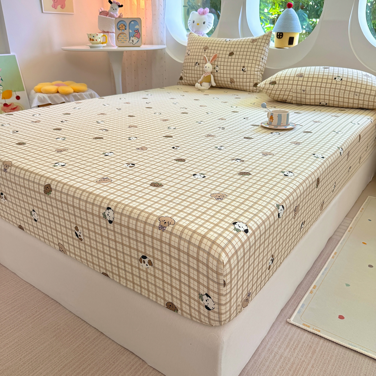 91家纺网 家纺一手货源 找家纺 木堇家居 2025新款小清新100%全棉纯棉单品床笠 床笠单件 格子小狗