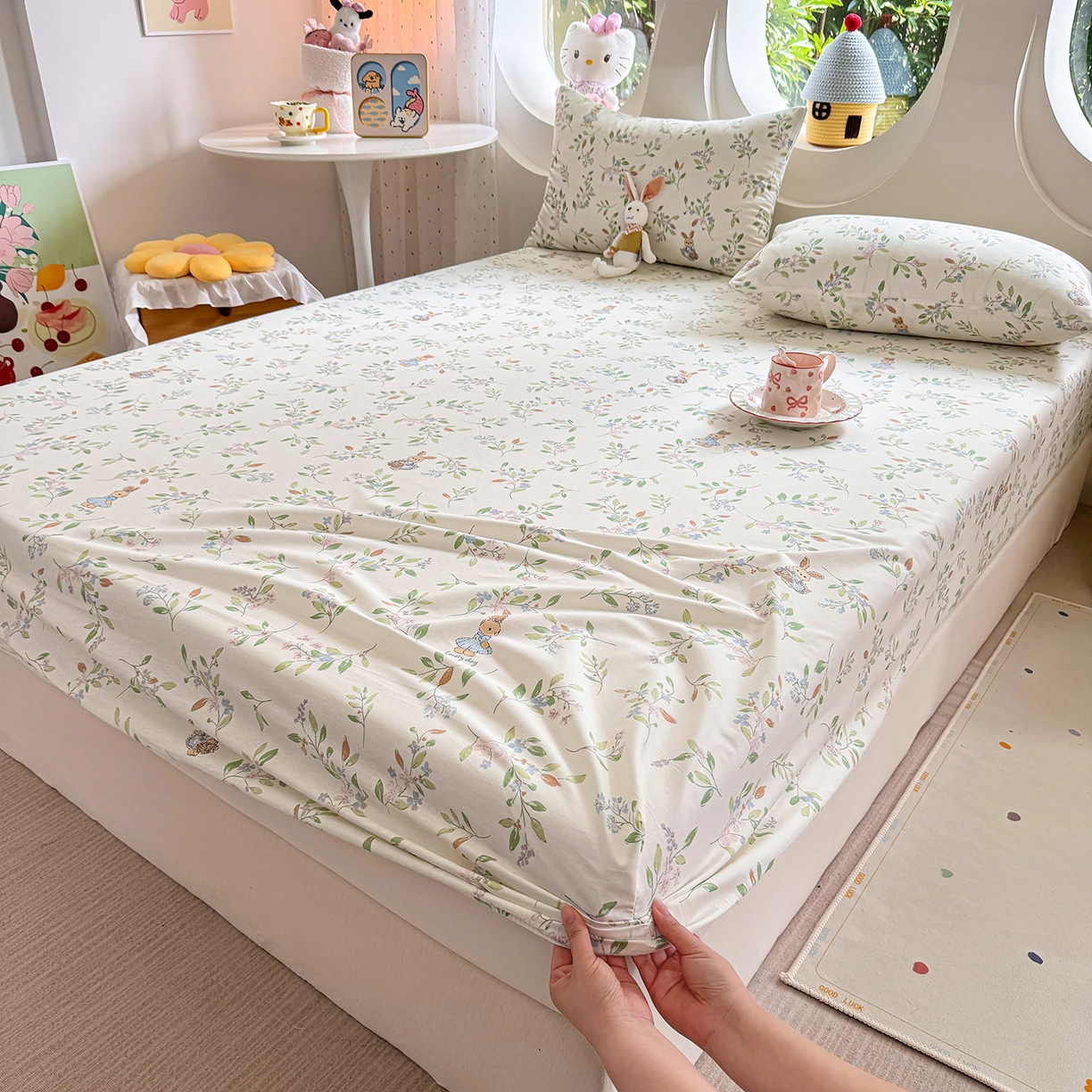 91家纺网 家纺一手货源 找家纺 木堇家居 2025新款小清新100%全棉纯棉单品床笠 床笠单件 精灵小兔