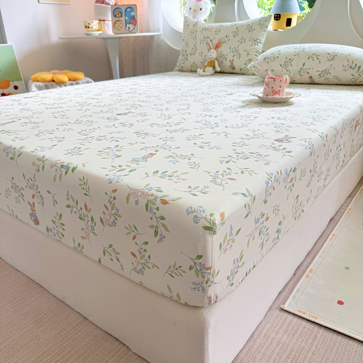 91家纺网 家纺一手货源 找家纺 木堇家居 2025新款小清新100%全棉纯棉单品床笠 床笠单件 精灵小兔