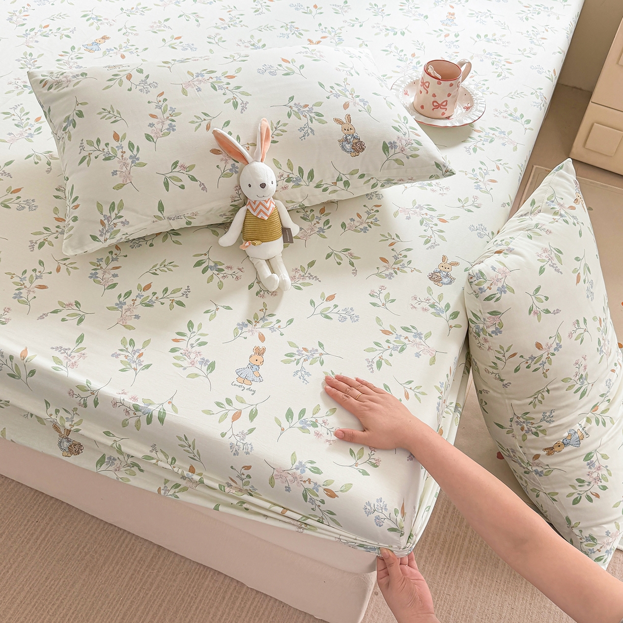 91家纺网 家纺一手货源 找家纺 木堇家居 2025新款小清新100%全棉纯棉单品床笠 床笠单件 精灵小兔