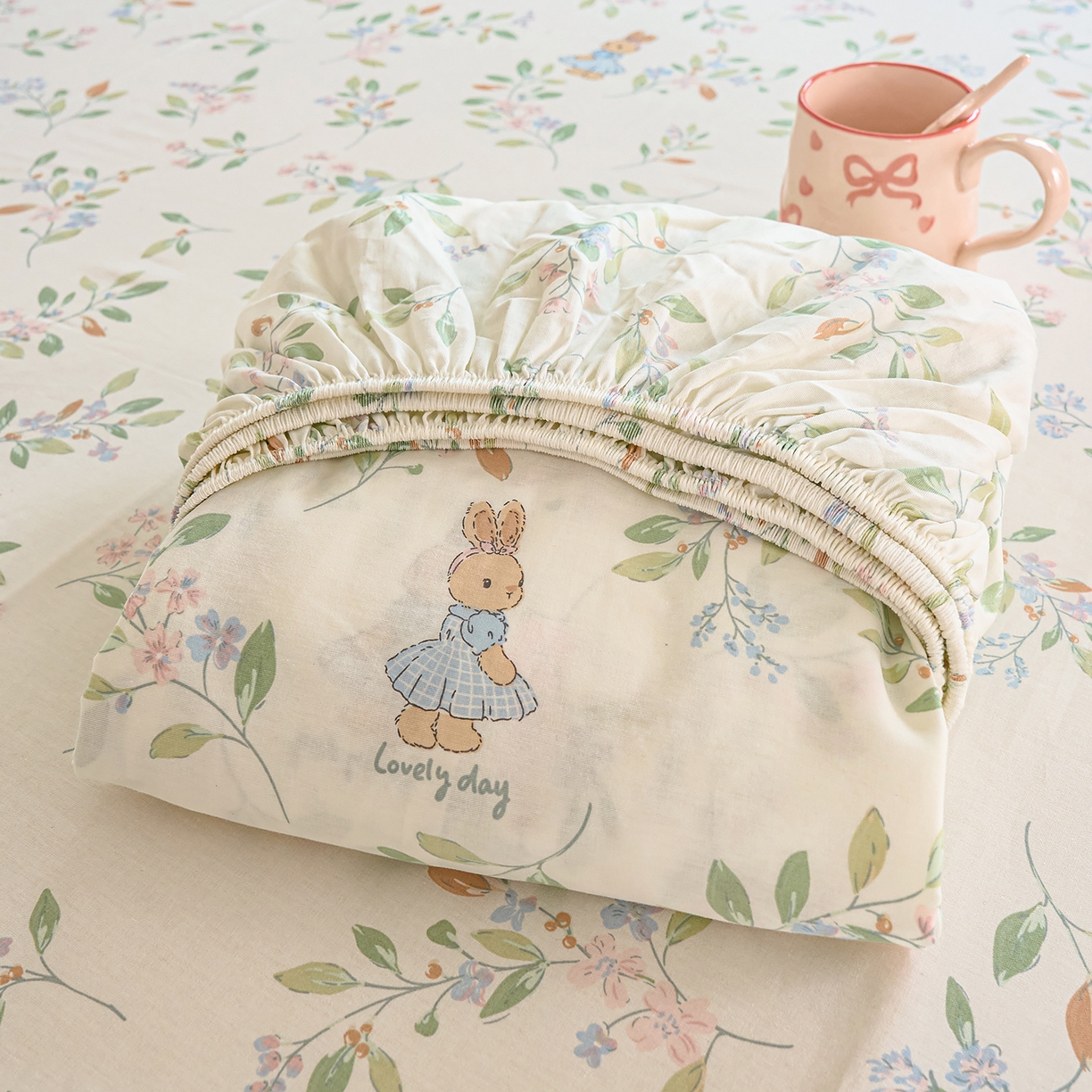 91家纺网 家纺一手货源 找家纺 木堇家居 2025新款小清新100%全棉纯棉单品床笠 床笠单件 精灵小兔