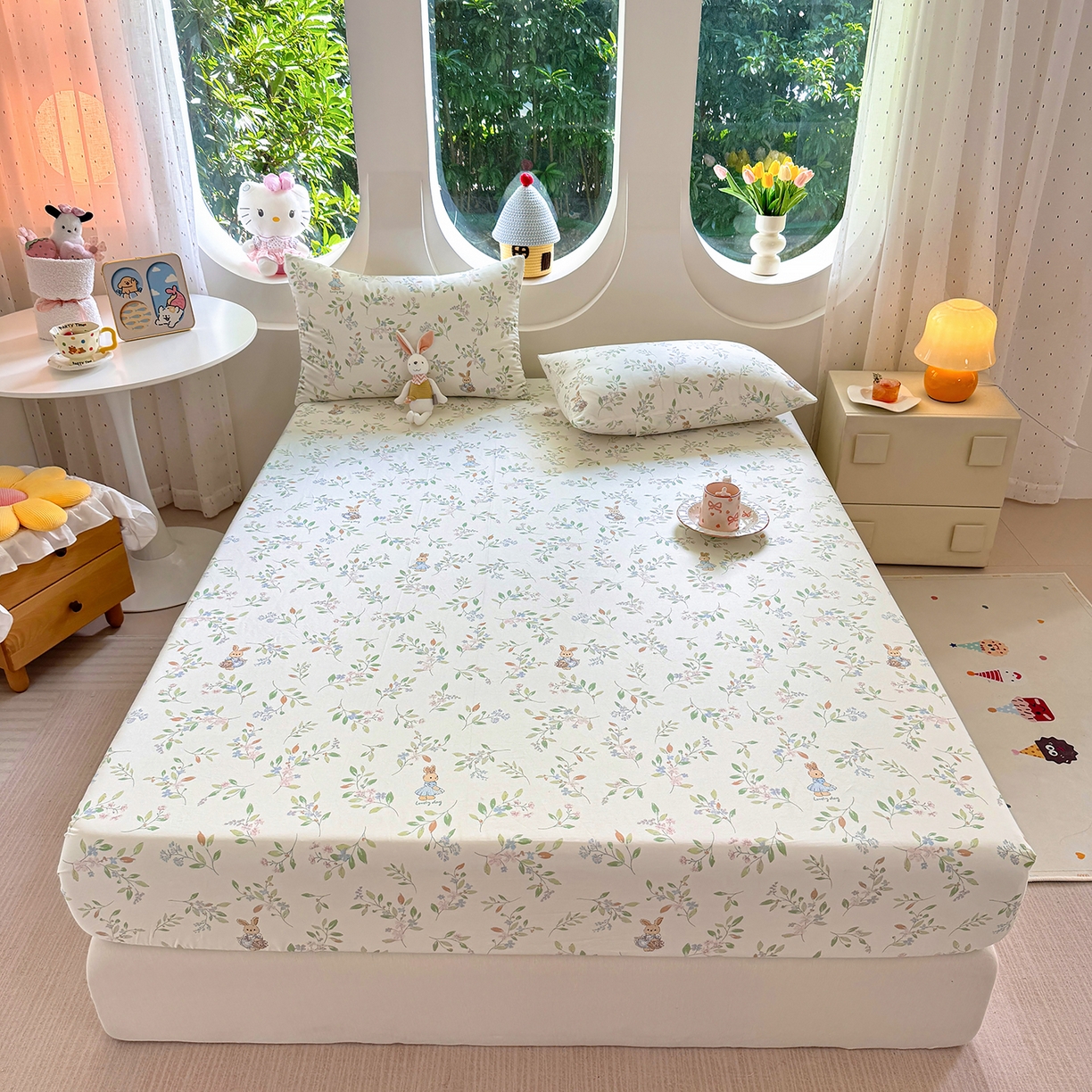 91家纺网 家纺一手货源 找家纺 木堇家居 2025新款小清新100%全棉纯棉单品床笠 床笠单件 精灵小兔