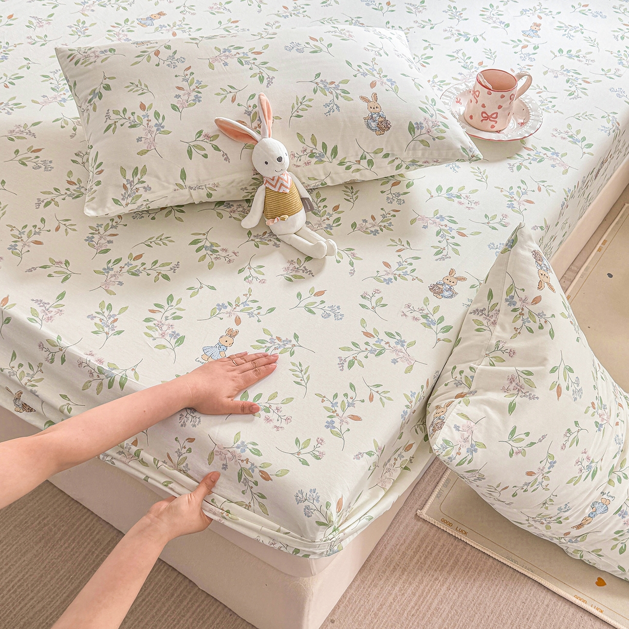 91家纺网 家纺一手货源 找家纺 木堇家居 2025新款小清新100%全棉纯棉单品床笠 床笠单件 精灵小兔