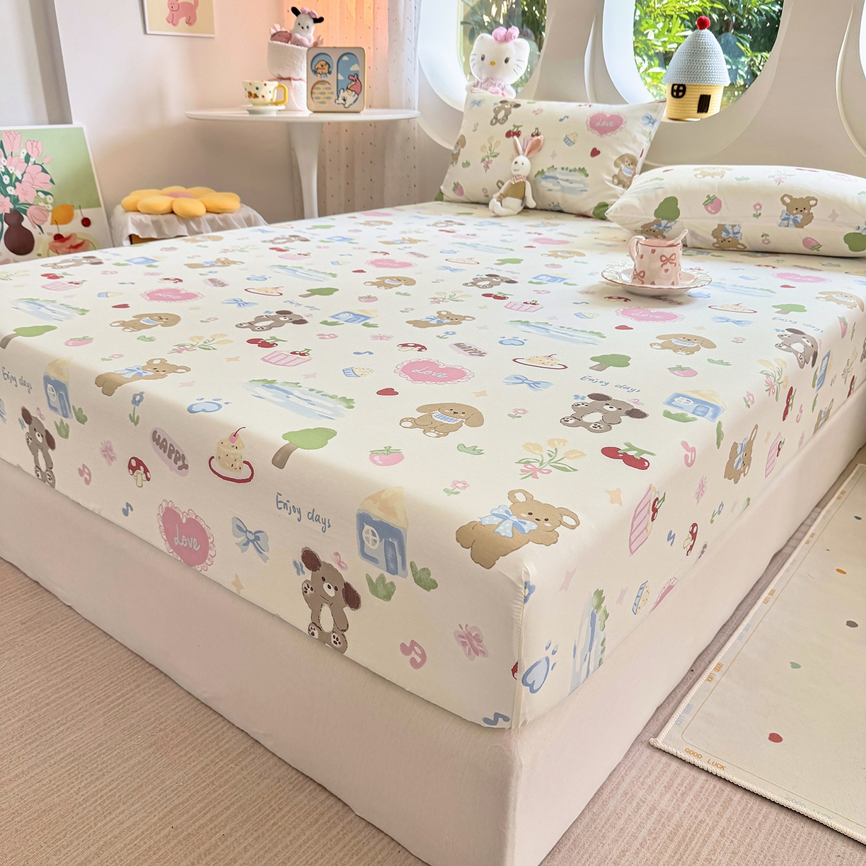 91家纺网 家纺一手货源 找家纺 木堇家居 2025新款小清新100%全棉纯棉单品床笠 床笠单件 开心屋