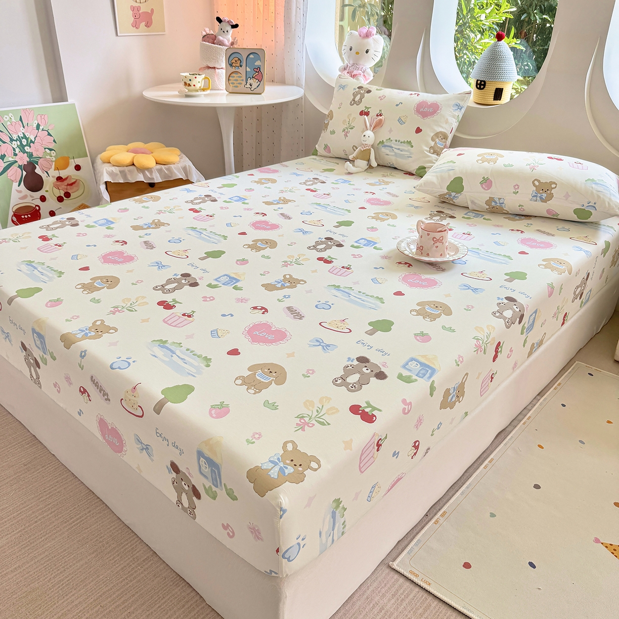 91家纺网 家纺一手货源 找家纺 木堇家居 2025新款小清新100%全棉纯棉单品床笠 床笠单件 开心屋