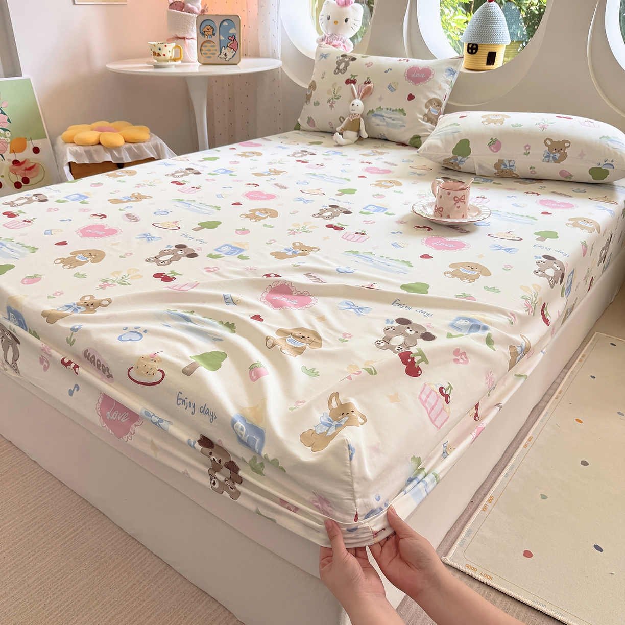 91家纺网 家纺一手货源 找家纺 木堇家居 2025新款小清新100%全棉纯棉单品床笠 床笠单件 开心屋