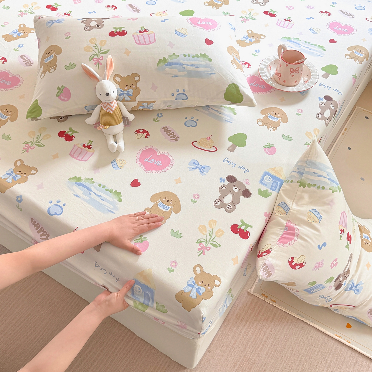 91家纺网 家纺一手货源 找家纺 木堇家居 2025新款小清新100%全棉纯棉单品床笠 床笠单件 开心屋