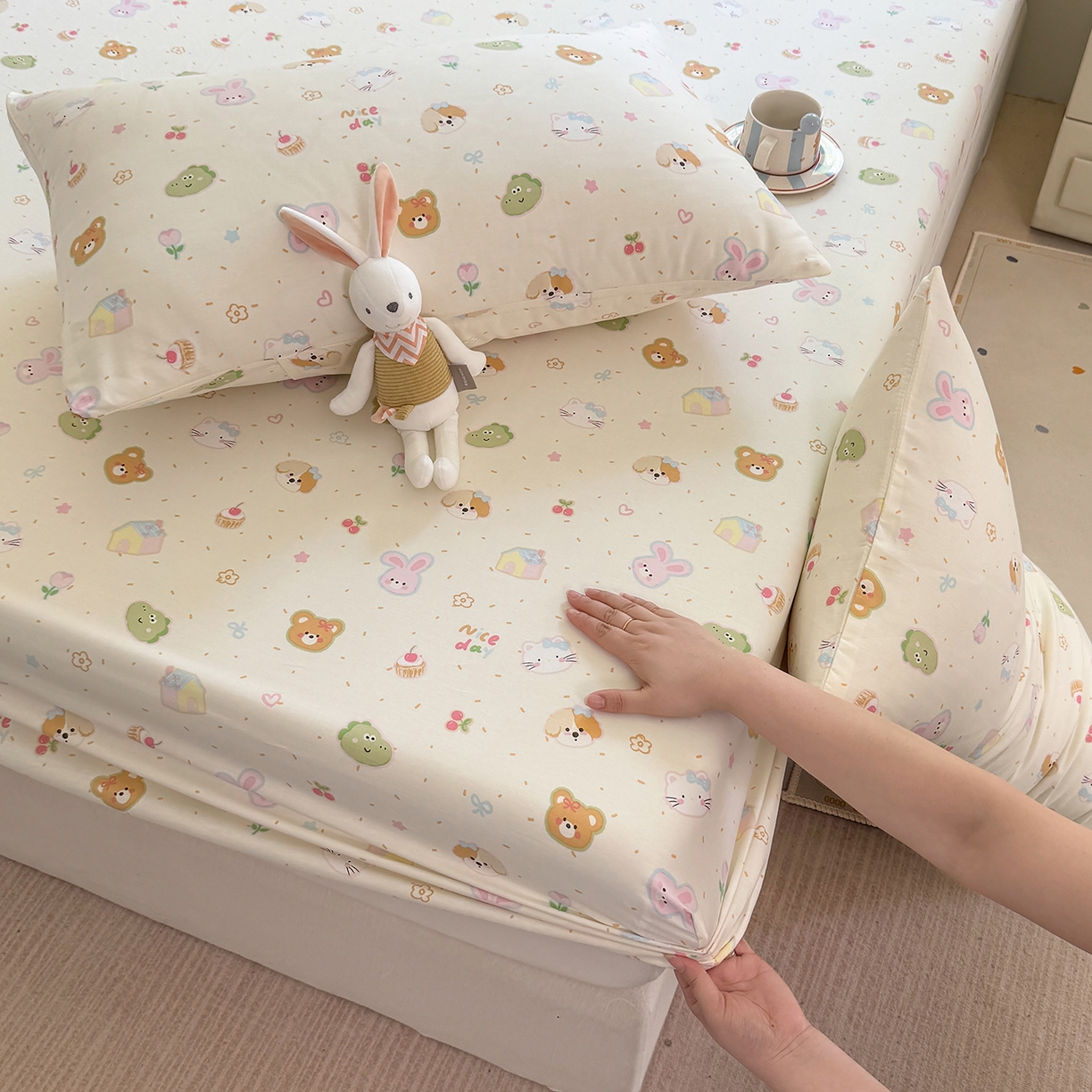 91家纺网 家纺一手货源 找家纺 木堇家居 2025新款小清新100%全棉纯棉单品床笠 床笠单件 萌萌乐园