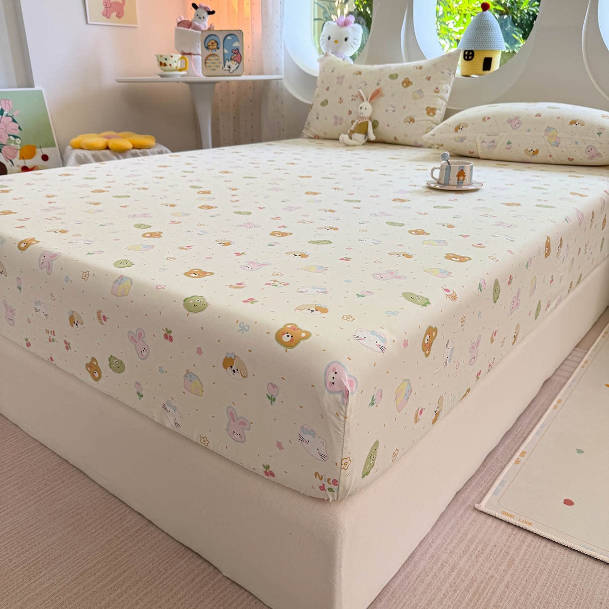 91家纺网 家纺一手货源 找家纺 木堇家居 2025新款小清新100%全棉纯棉单品床笠 床笠单件 萌萌乐园