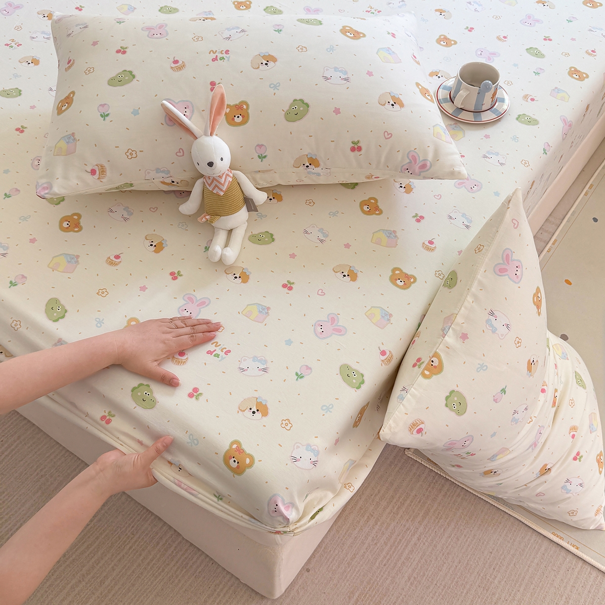 91家纺网 家纺一手货源 找家纺 木堇家居 2025新款小清新100%全棉纯棉单品床笠 床笠单件 萌萌乐园