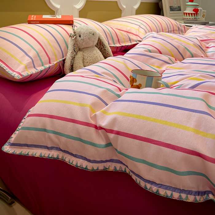 蓝邻家纺 2025新款全棉纯棉加厚磨毛多巴胺贝壳边四件套 苏溪-粉