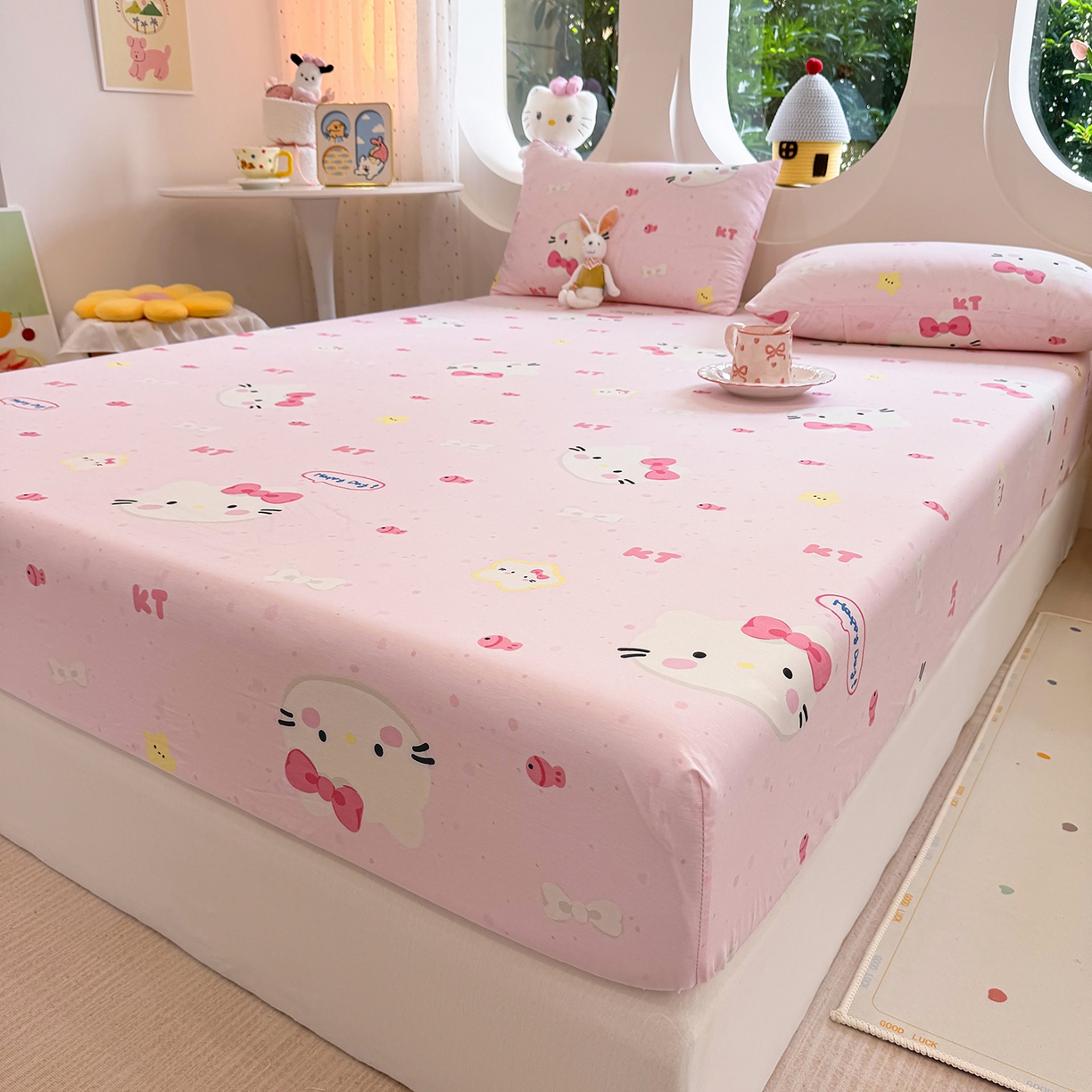 91家纺网 家纺一手货源 找家纺 木堇家居 2025新款小清新100%全棉纯棉单品床笠 床笠单件 甜心猫咪