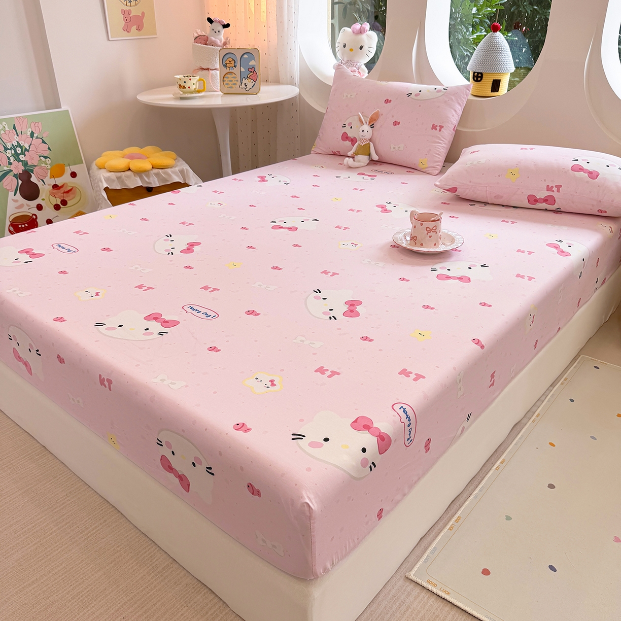 91家纺网 家纺一手货源 找家纺 木堇家居 2025新款小清新100%全棉纯棉单品床笠 床笠单件 甜心猫咪