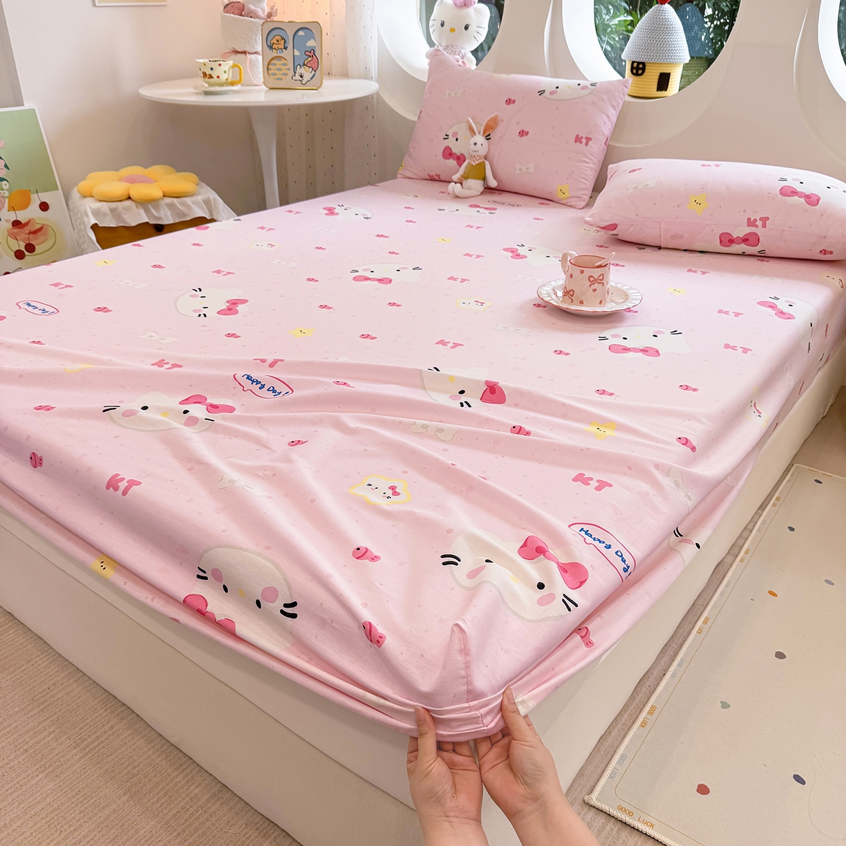 91家纺网 家纺一手货源 找家纺 木堇家居 2025新款小清新100%全棉纯棉单品床笠 床笠单件 甜心猫咪