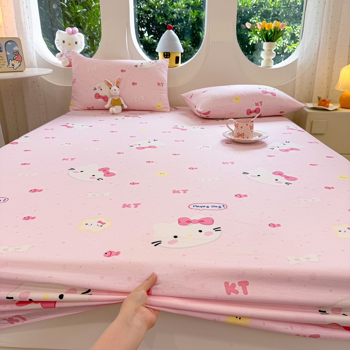 91家纺网 家纺一手货源 找家纺 木堇家居 2025新款小清新100%全棉纯棉单品床笠 床笠单件 甜心猫咪