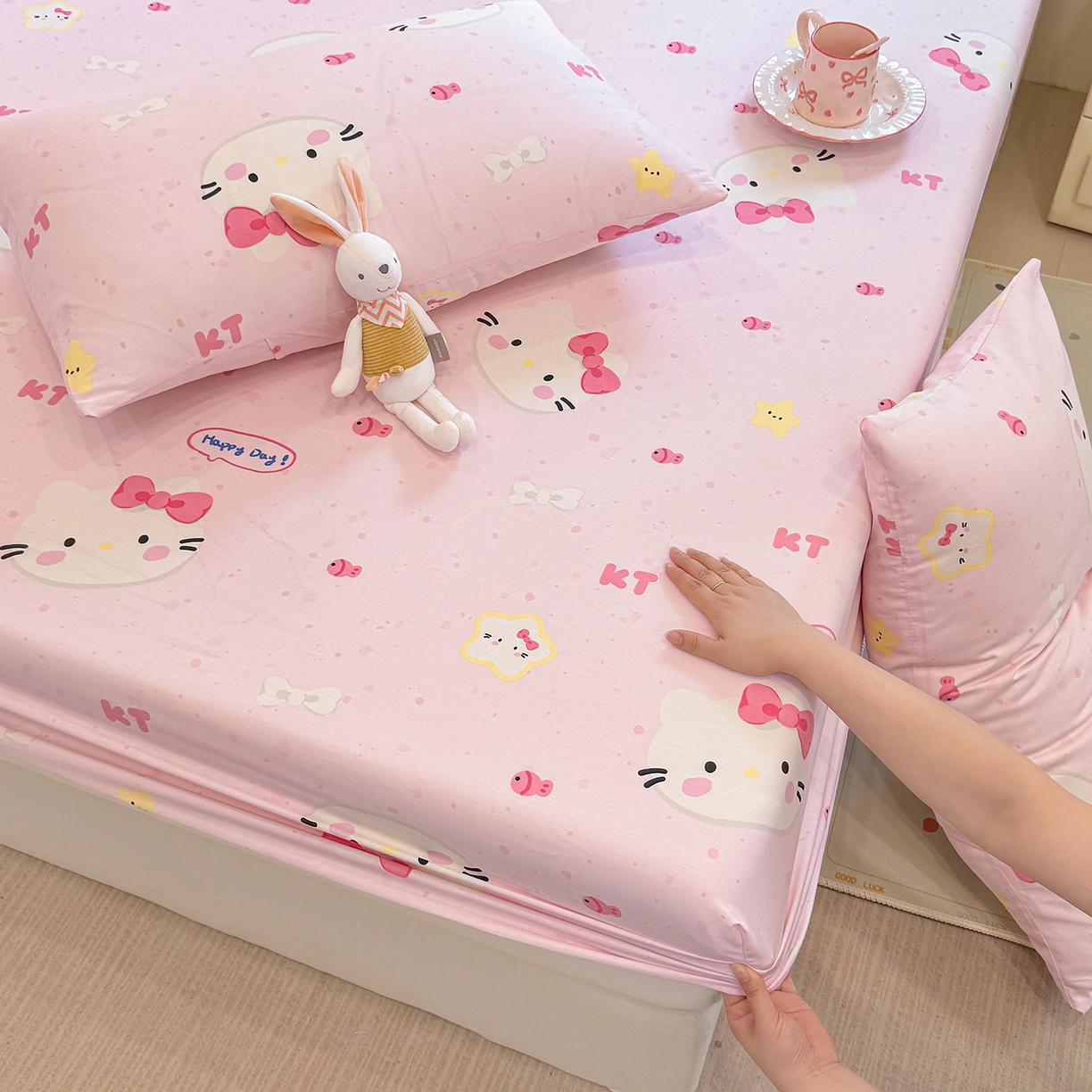 91家纺网 家纺一手货源 找家纺 木堇家居 2025新款小清新100%全棉纯棉单品床笠 床笠单件 甜心猫咪