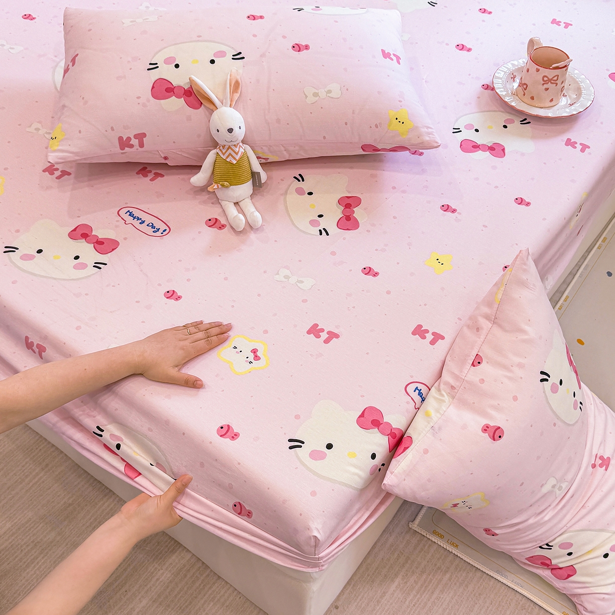 91家纺网 家纺一手货源 找家纺 木堇家居 2025新款小清新100%全棉纯棉单品床笠 床笠单件 甜心猫咪